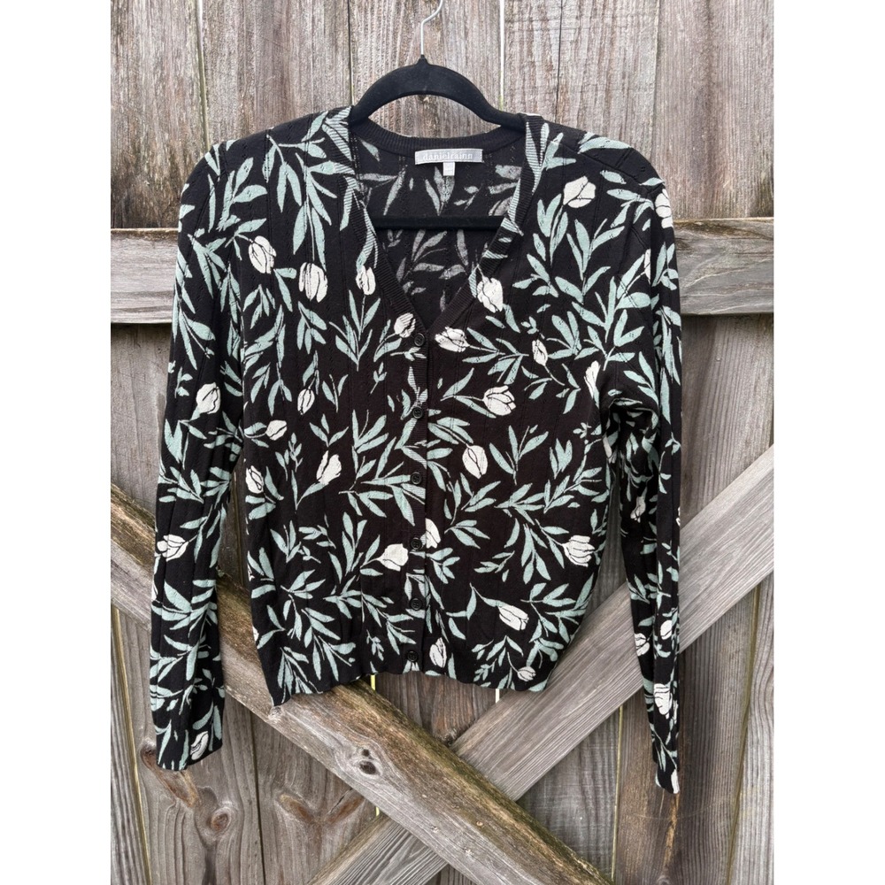Daniel Rainn Womens Black Floral Tulip Cardigan Sweater Large D70529SR2